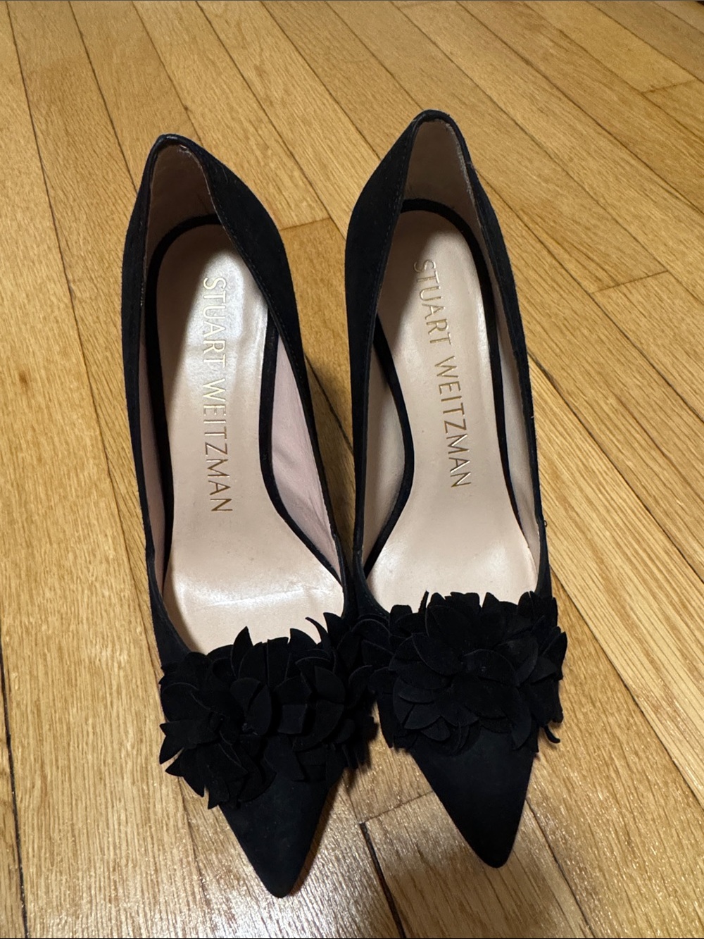 Stuart Weitzman Black Suede Pointed Toe Pumps with Floral Appliqué